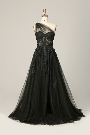 Black A Line One Shoulder Prom Dress with Appliques and Beadings